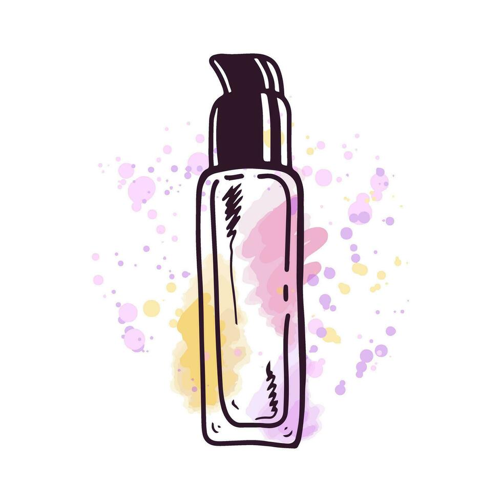 handgemalt Flasche von Sahne mit Spender, kosmetisch Element, selbst Pflege. Illustration auf ein Aquarell Pastell- Hintergrund mit spritzt von malen. nützlich zum Schönheit Salon, kosmetisch speichern. Gekritzel skizzieren. vektor