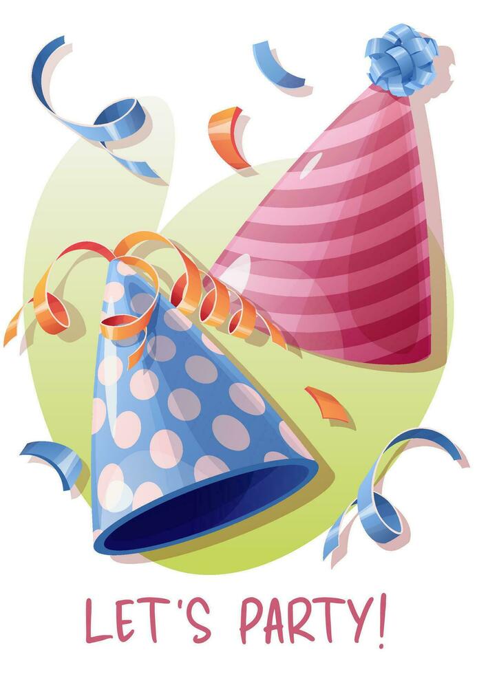 Geburtstag Gruß Karte Vorlage. Banner, Flyer mit Party Hüte, Serpentin. glücklich Geburtstag Einladung Design zum Urlaub, Jubiläum, Party vektor
