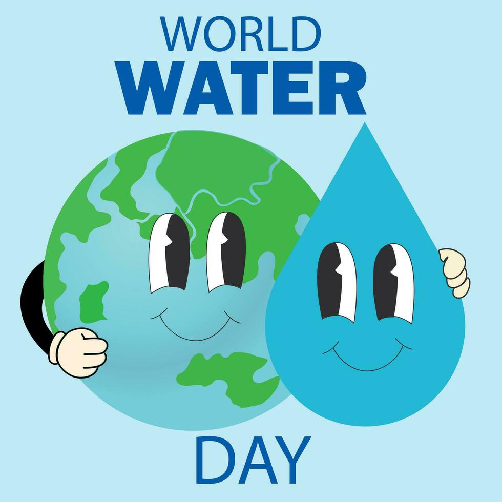 Welt Wasser Tag. glücklich Globus Charakter mit süß fallen von Wasser. Design Gruß Karte, Poster, Banner, Vorlage. vektor
