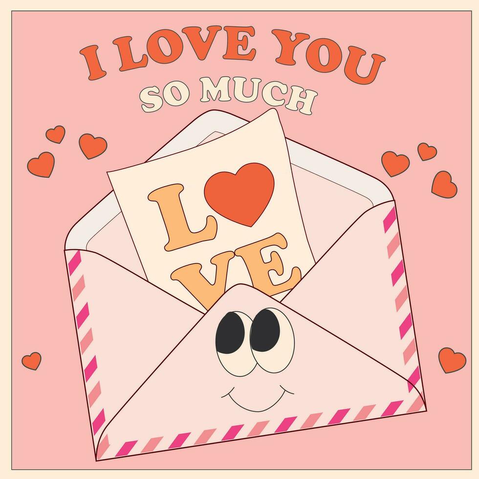 mall av ett valentine kuvert med hjärta. kärlek brev i retro hippie stil. de begrepp av kärlek och hjärtans dag. vektor