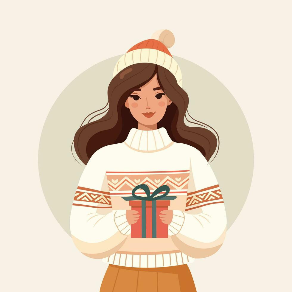 jung schön Frau im ein gestrickt Pullover, halten ein Geschenk und tragen ein Neu Jahre Hut. Frau mit Geschenk Box zum Winter Feiertage. vektor