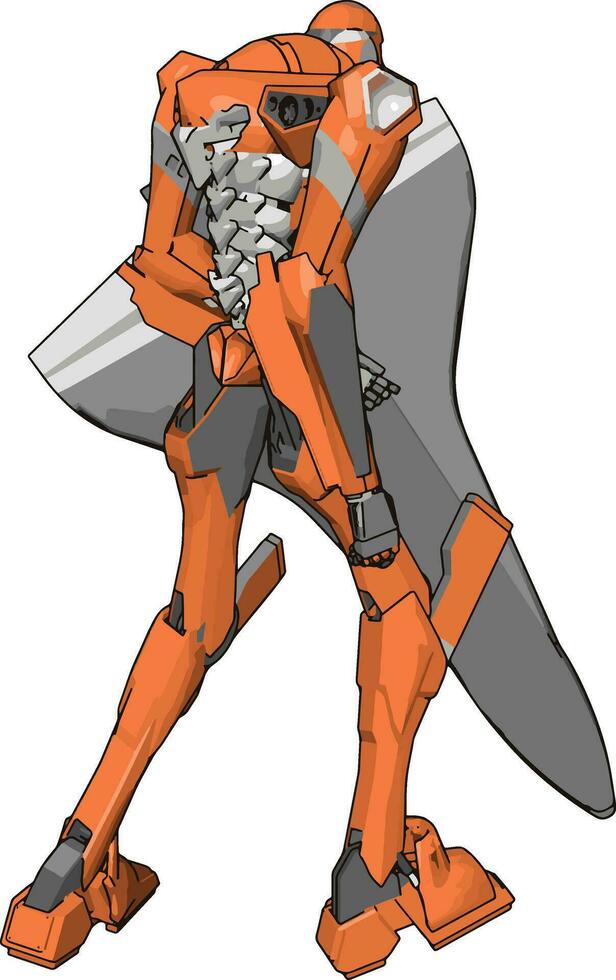 orangefarbener Roboter mit Schild, Illustration, Vektor auf weißem Hintergrund.