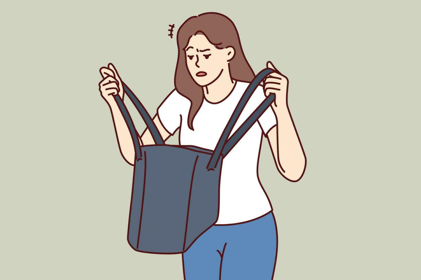 kvinna är nervös ser in i handväska och söker förlorat nycklar eller handväska glömt på Hem. förvirrad flicka står med väska i händer, och är besviken efter inlärning handla om stöld av plånbok med pengar vektor