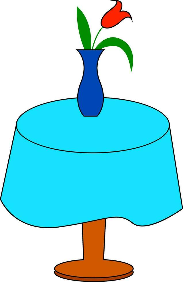 Blau Blume Vase Anzeigen rot Tulpen Über ein kreisförmig hölzern Tabelle einstellen isoliert auf Weiß Hintergrund, Vektor oder Farbe Illustration.