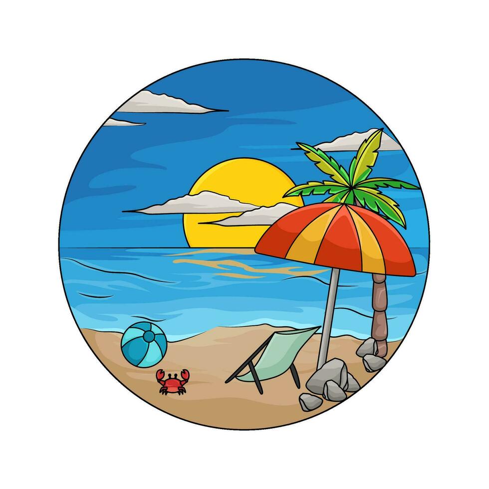 Regenschirm, Stuhl, Palme Baum im Strand Illustration vektor