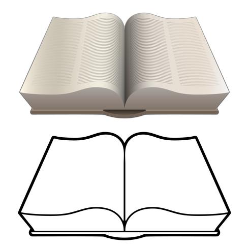 Öppna bok, bibel, encyklopedi, klassisk stil, isolerad vektor illustration i både detaljerad färg och svart linje ritning version