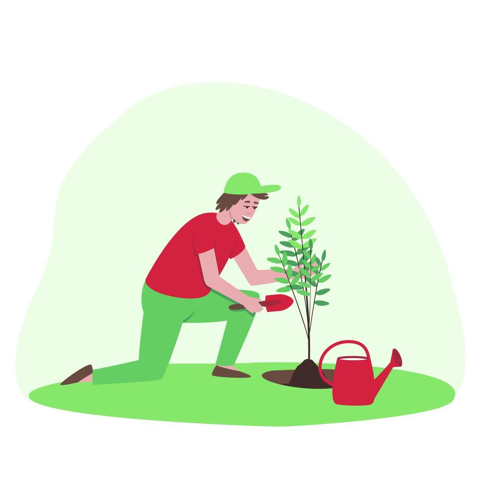 en manbonde eller trädgårdsmästare planterar en granatäpplespir vektor