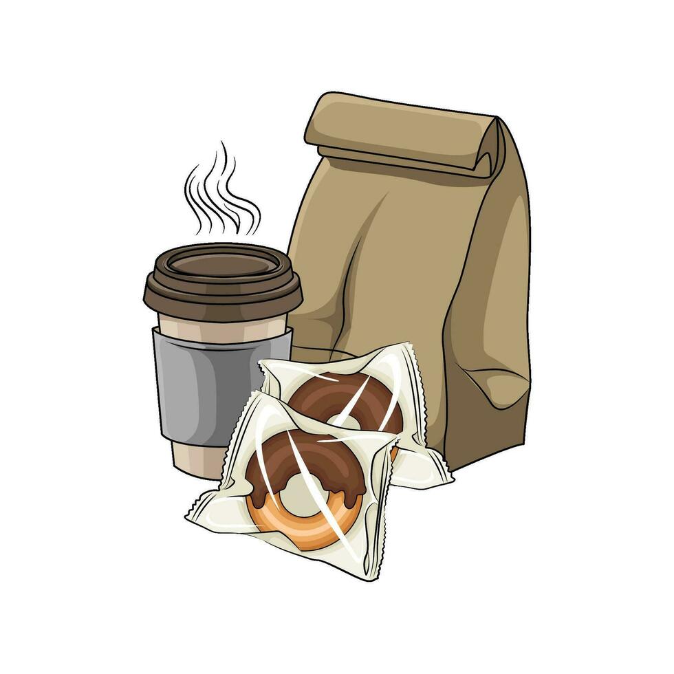 Krapfen im Plastik, Paket, Tasse trinken Illustration vektor