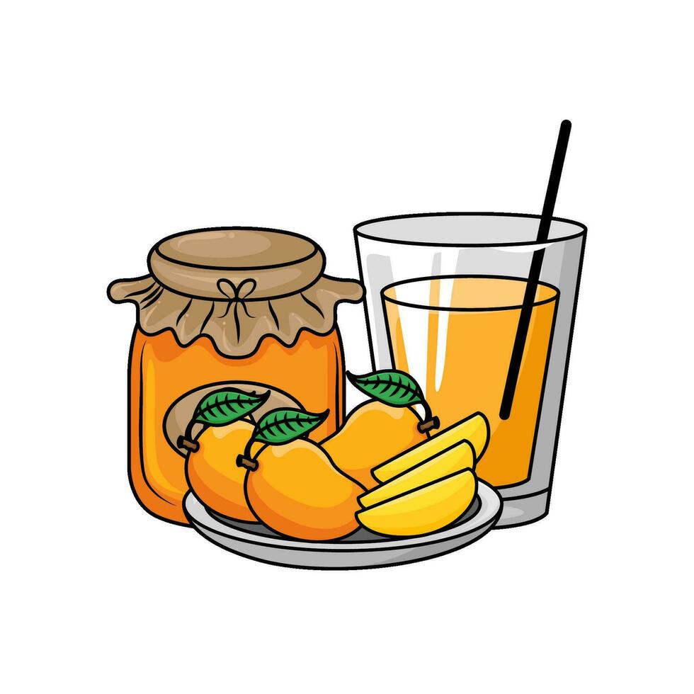 juice mango, sylt mango med mango frukt i tallrik illustration vektor