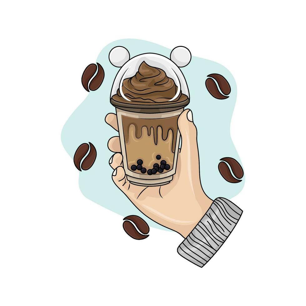 is grädde kaffe i hand med kaffe bönor illustration vektor