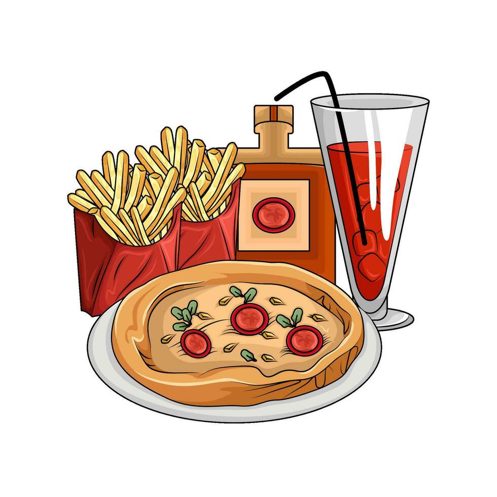 Pizza Peperoni, Französisch Fritten, Flasche Soße mit trinken Illustration vektor