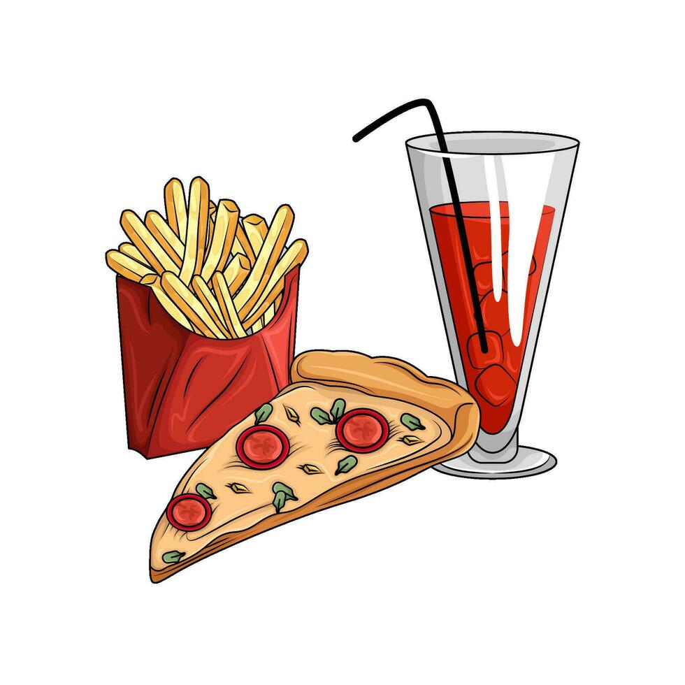 pizza pepperoni skiva, franska frites med dryck illustration vektor