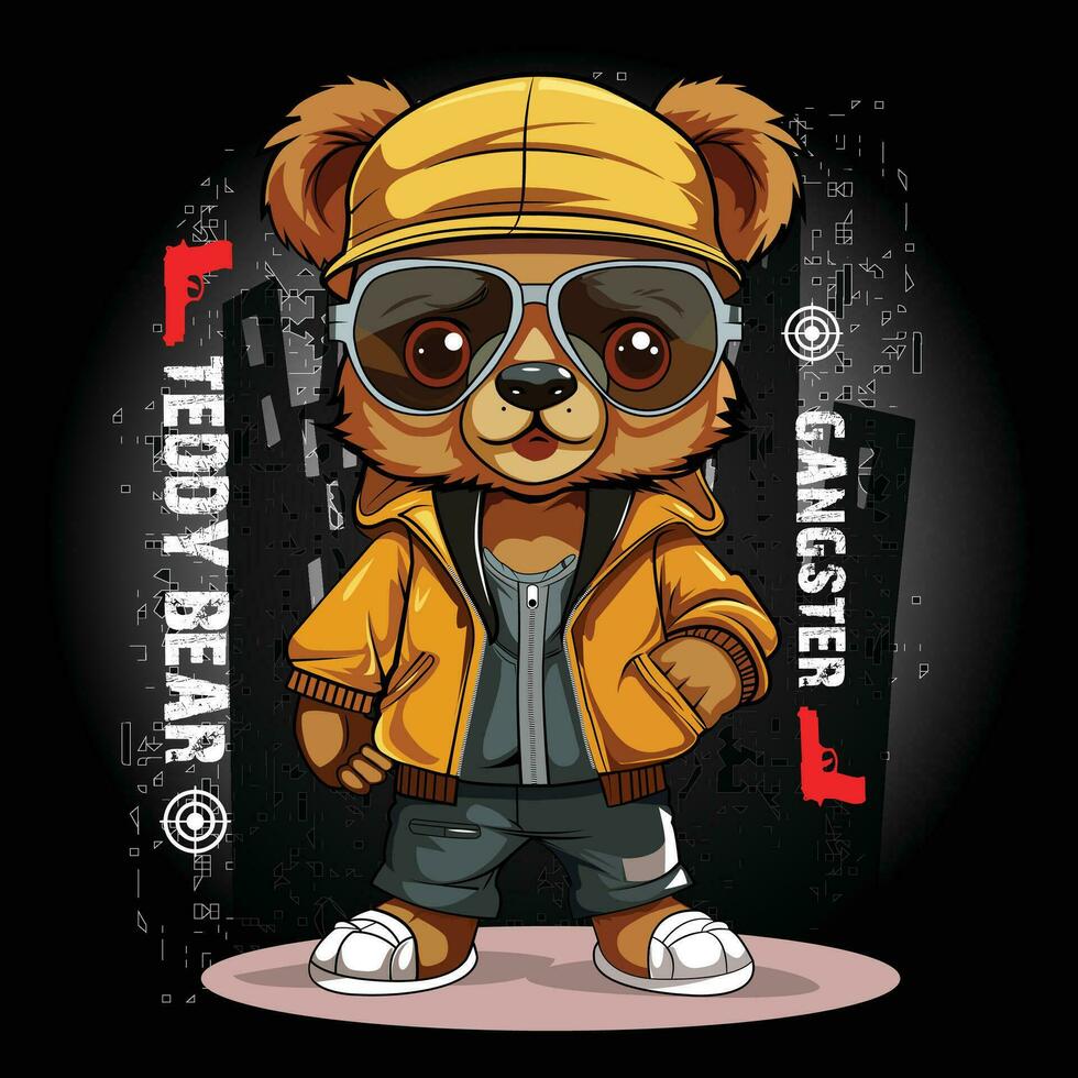 Niedlich, komisch Teddy Bär im ein Deckel und mit ein Kette auf ein schwarz Hintergrund. Gangster Autos Slogan mit ein Bär Puppe. Vektor Illustration