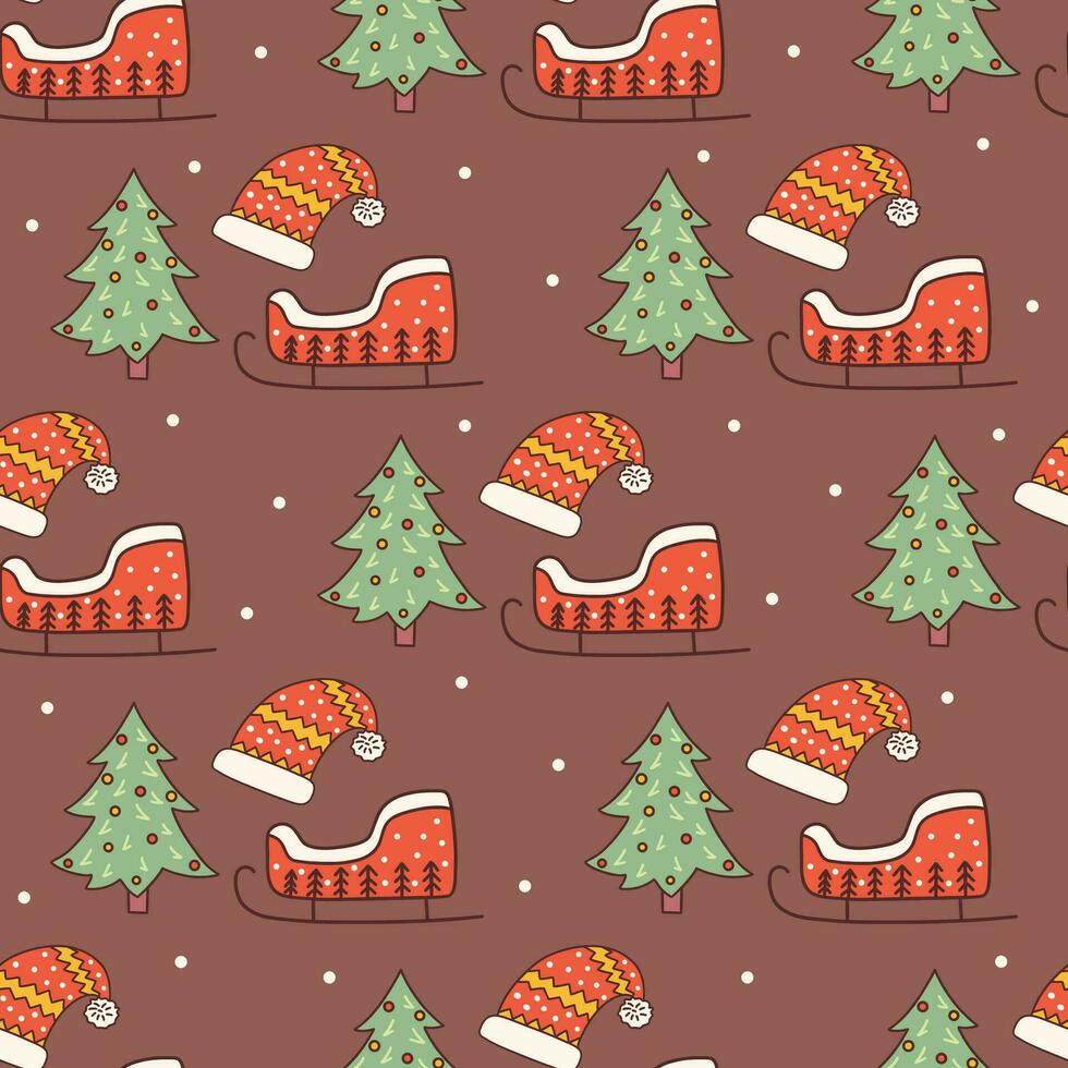 nahtlos Muster. Weihnachten Baum, Santa Hut und Schlitten. Vektor