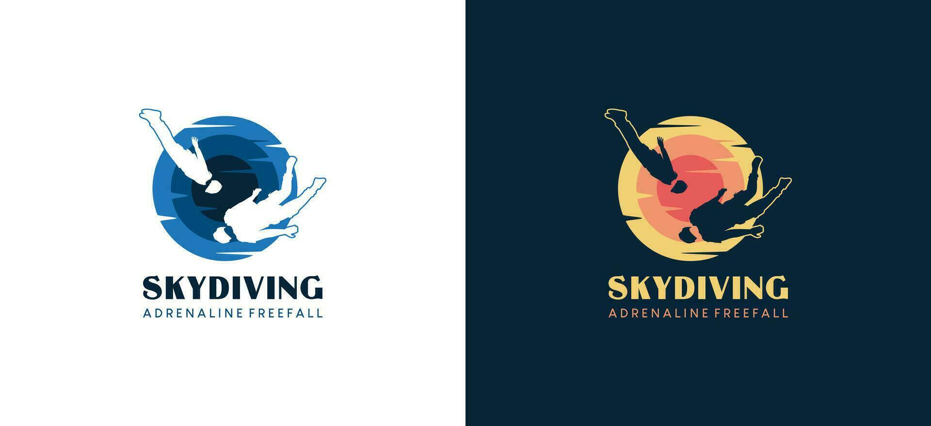 vektor silhuett av faller fritt person med abstrakt Sol bakgrund, fallskärmshoppning sport logotyp design