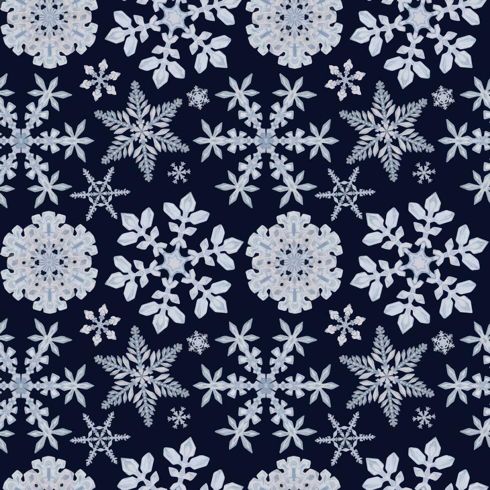 hand dragen vattenfärg snöflingor, blå silver- vatten is kristaller frysta i vinter. illustration isolerat sömlös mönster, mörk bakgrund. design för Semester affisch, skriva ut, hemsida, kort, inbjudan vektor