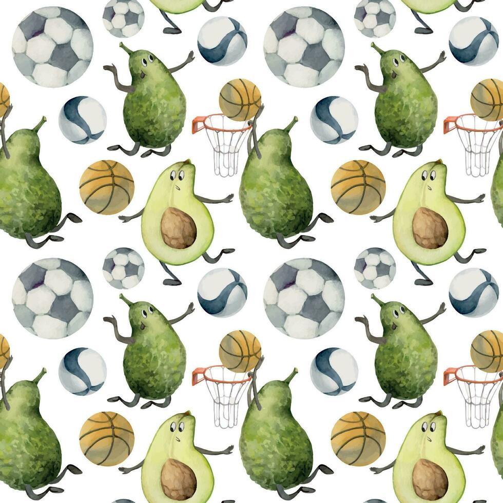 Hand gezeichnet Aquarell Ball Sport Ausrüstung Ausrüstung, Avocado spielen, Fußball Volleyball Basketball. Illustration isoliert nahtlos Muster auf Weiß Hintergrund. Design Poster, drucken, Webseite, Karte, Geschäft vektor