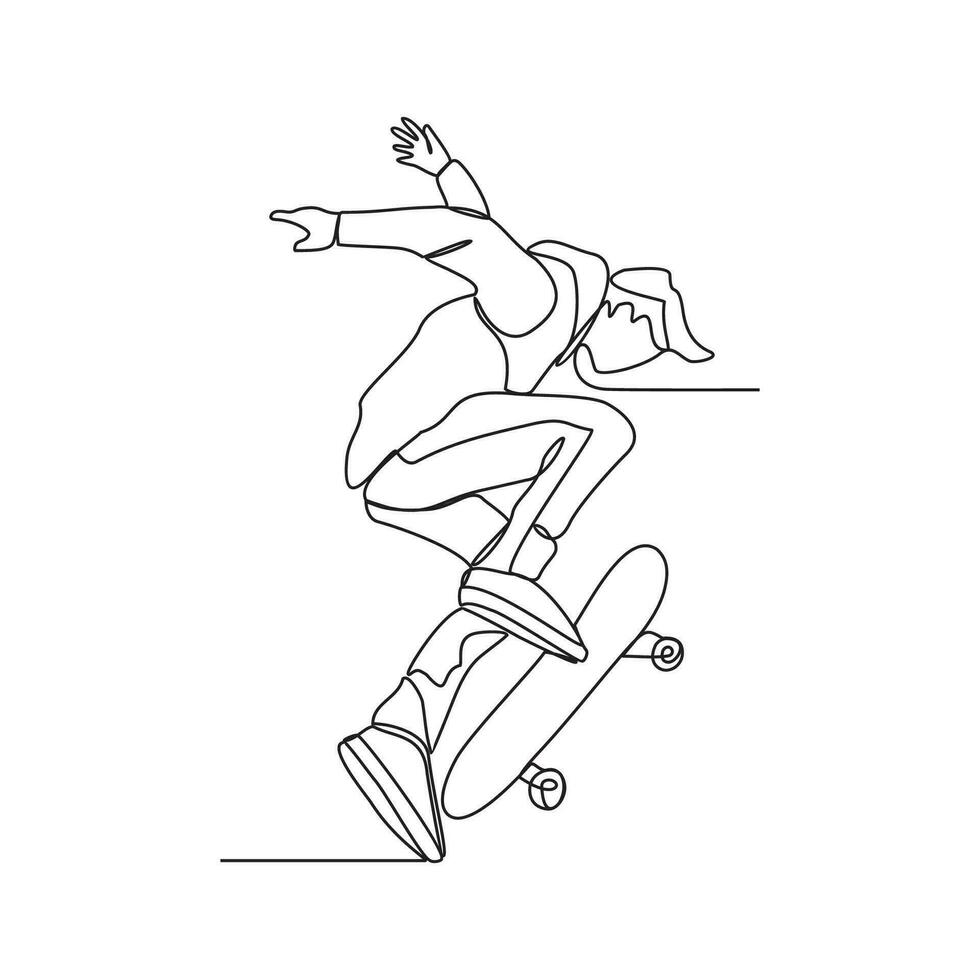 ett kontinuerlig linje teckning av skateboard spelare vektor illustration. skateboard spelare illustration enkel linjär stil begrepp. extrem sport design vektor för din företag befordran eller andra.