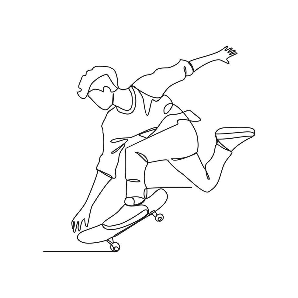 einer kontinuierlich Linie Zeichnung von Skateboard Spieler Vektor Illustration. Skateboard Spieler Illustration einfach linear Stil Konzept. extrem Sport Design Vektor zum Ihre Geschäft Beförderung oder Andere.