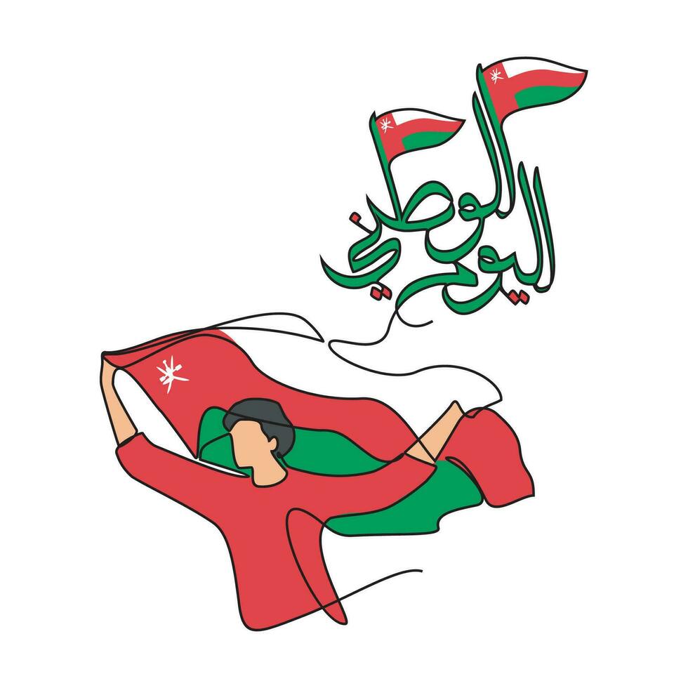 einer kontinuierlich Linie Zeichnung von Oman National Tag mit Weiß Hintergrund Konzept. Oman National Tag im einfach linear Stil Vektor Illustration. Arabisch Übersetzen Oman National Tag