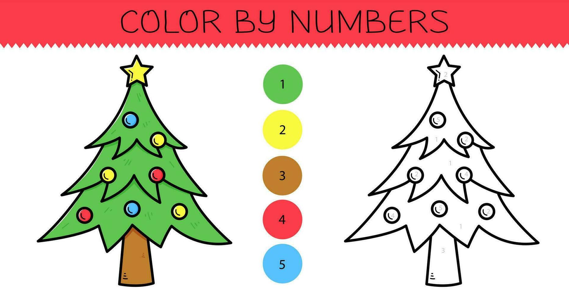 Farbe durch Zahlen Färbung Buch zum Kinder mit süß Weihnachten Baum. Färbung Seite mit Karikatur Weihnachten Baum mit ein Beispiel zum Färbung. einfarbig und Farbe Versionen. Vektor Illustration