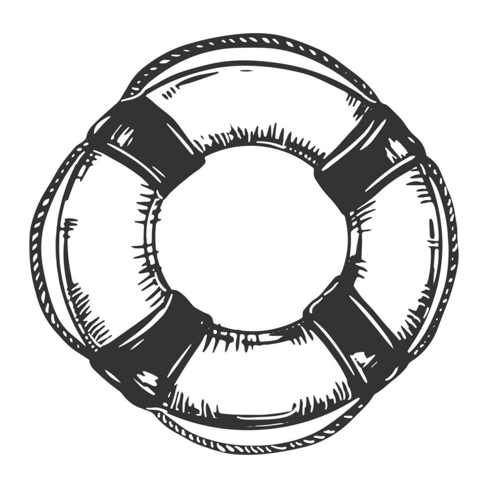 das Rettungsring ist gebunden mit ein Seil. Rettung Werkzeug im Gravur Stil. das Konzept von Hilfe und Unterstützung, Überleben. Jahrgang Vektor Illustration. Clip Art zum Verpackung Design im ein Marine Stil.