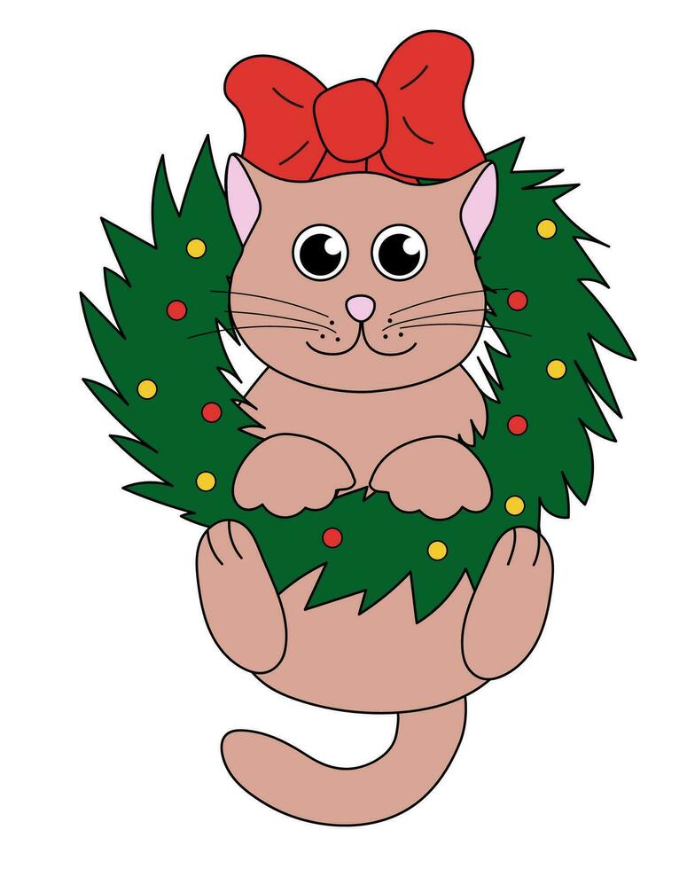 Karikatur Weihnachten und Neu Jahr Katze Charakter. süß Kätzchen im Kranz. Vektor eben Illustration.