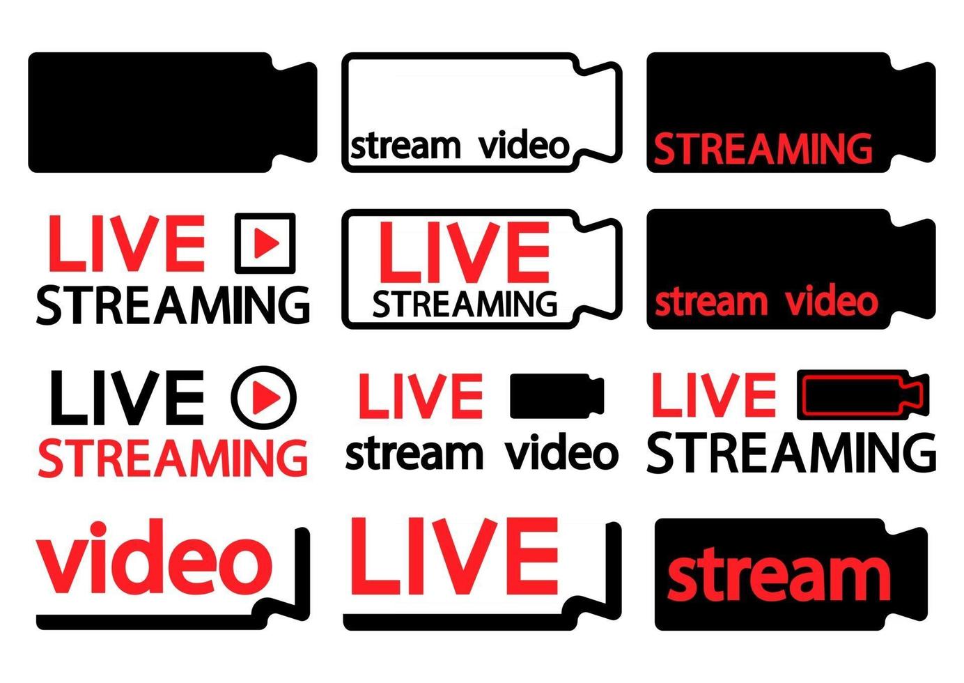 Sammlung von Live-Streaming-Symbolen. Symbole und Schaltflächen von Live-Streaming, Online-Stream. Vorlage für das untere Drittel für Fernsehen, Shows, Filme, Live-Auftritte, Konzerte. Camcorder-Symbol. Vektor