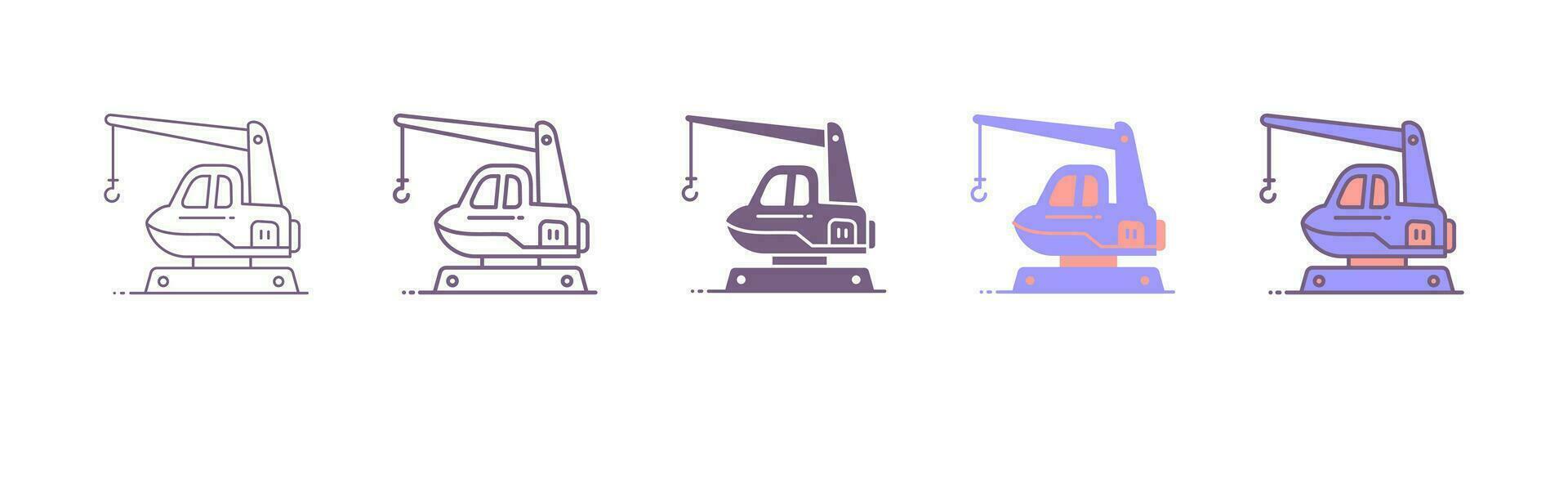 Kran Symbole Satz. anders Typen von Kräne, linear Symbol Sammlung. Ladung, Konstruktion, Schiene und andere industriell Kräne zum Konstruktion und Logistik. Linie mit editierbar Vektor. 5 anders Stile vektor