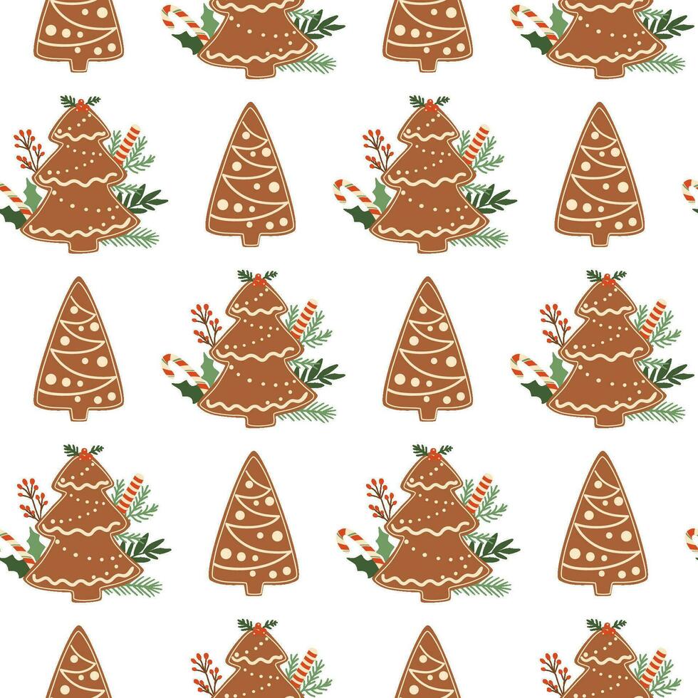 Weihnachten Backen Muster mit Lebkuchen Weihnachten Baum Kekse, Süßigkeiten Stock. Süss Winter Ferien Dessert wiederholen Hintergrund. lecker Vektor Illustration zum Verpackung Papier, Hintergrund, Paket Design.