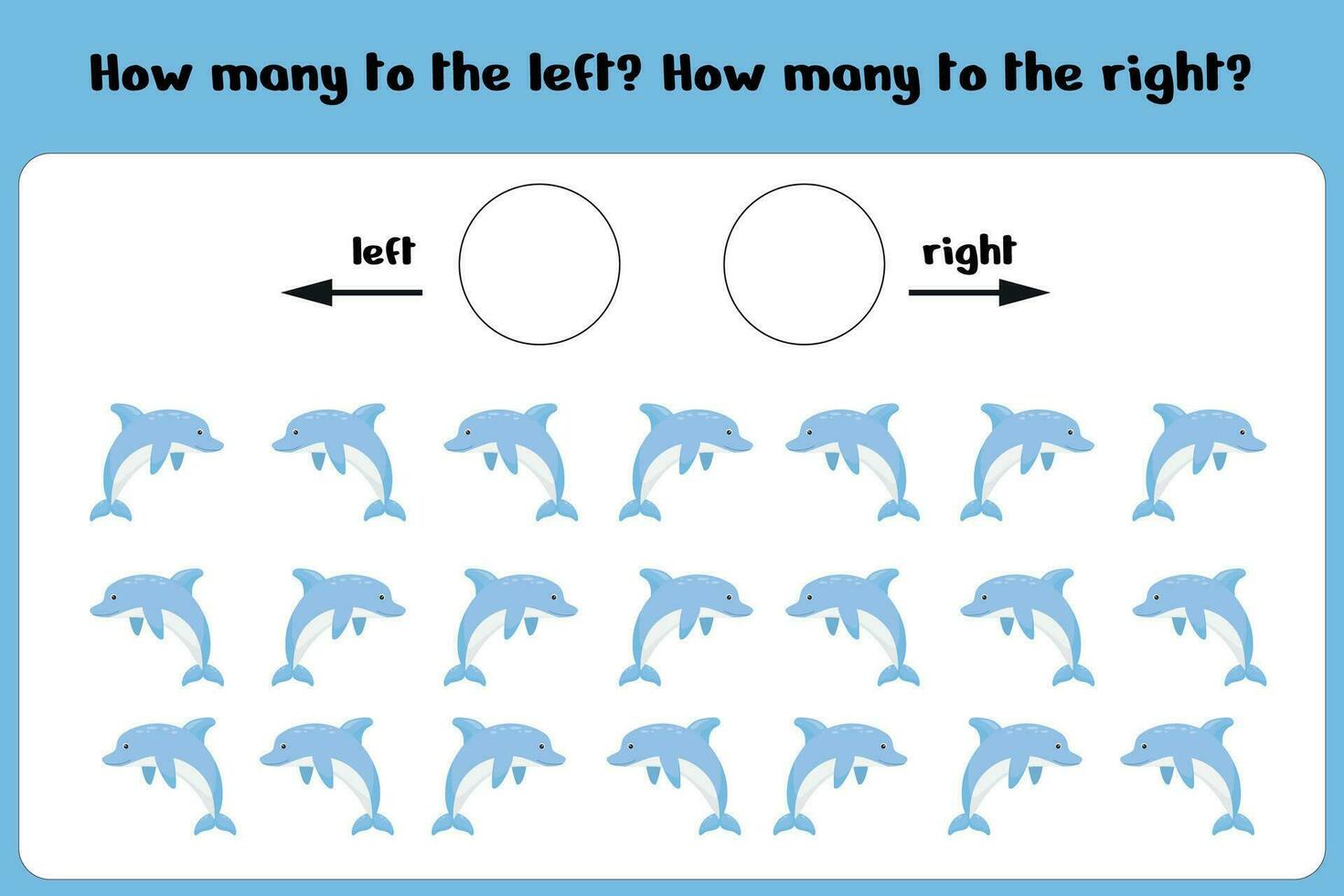 på vilket sätt många delfiner till de vänster och höger. inlärning ark för barn till lära sig vänster och höger. spel för de Göra. barns räkning spel. vektor illustration