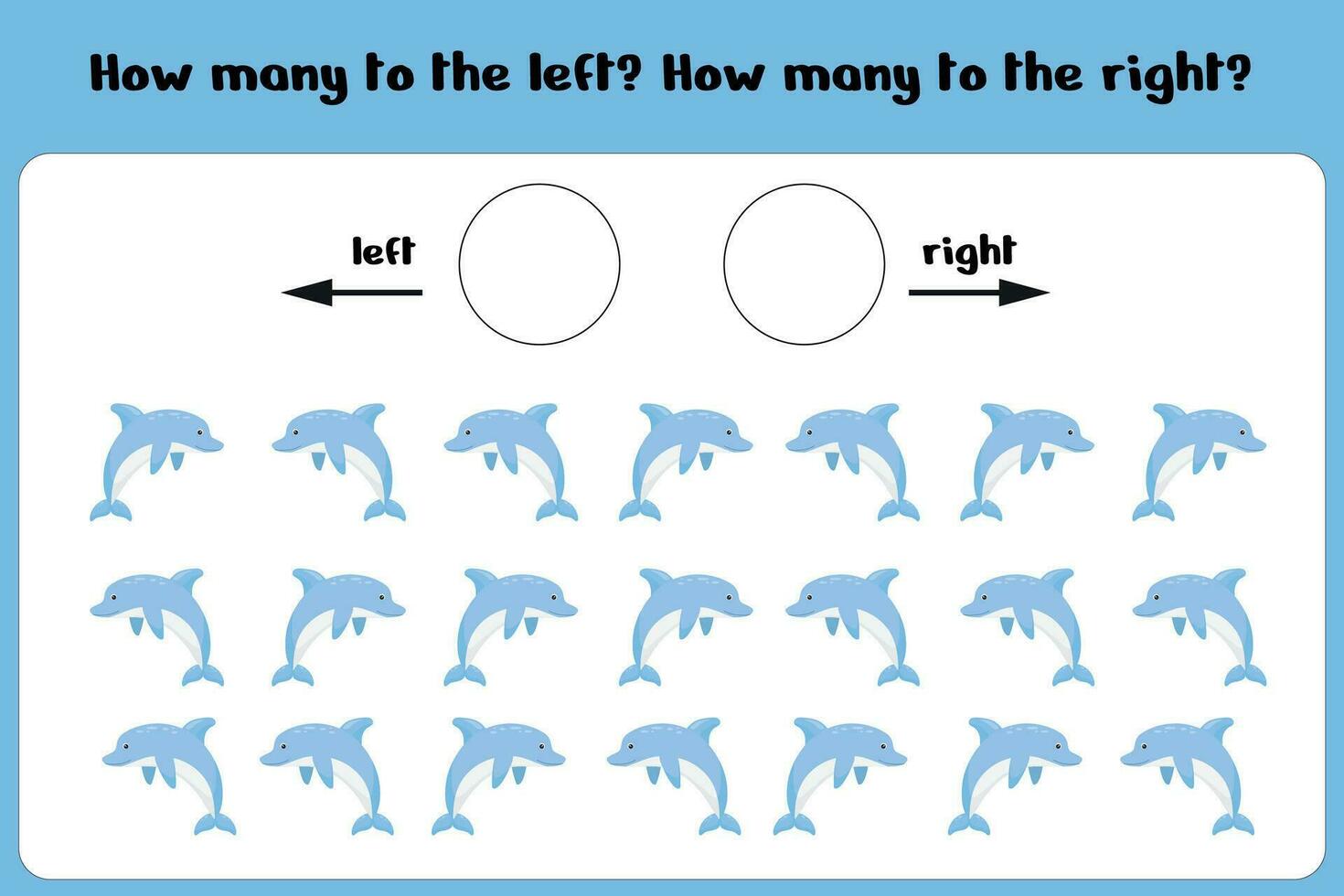 Wie viele Delfine zu das links und Rechts. Lernen Blatt zum Kinder zu lernen links und Rechts. Spiel zum das Punktzahl. Kinder- Zählen Spiel. Vektor Illustration