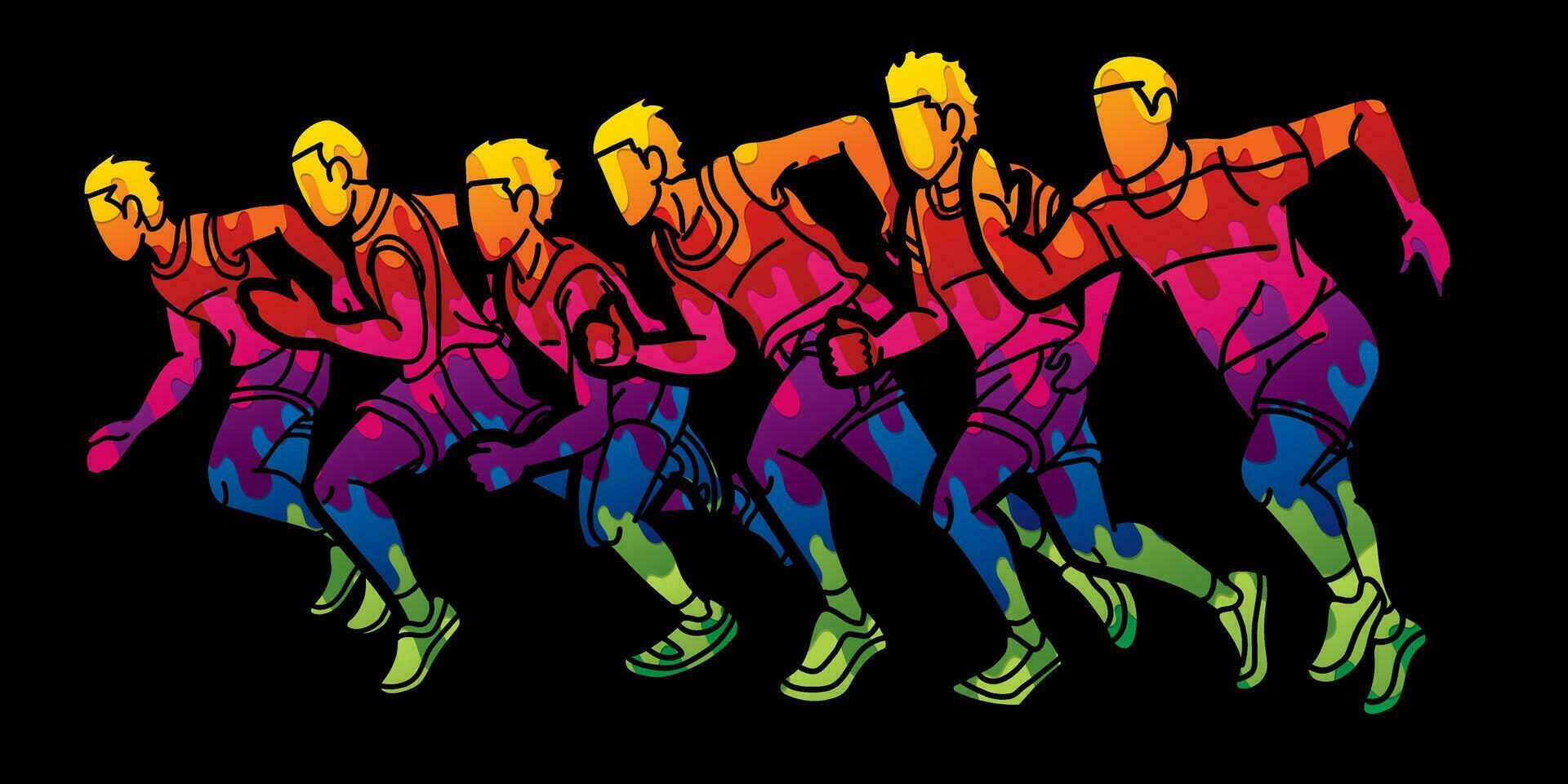 graffiti grupp av människor Start löpning män löpare tillsammans maraton löpning tecknad serie sport vektor