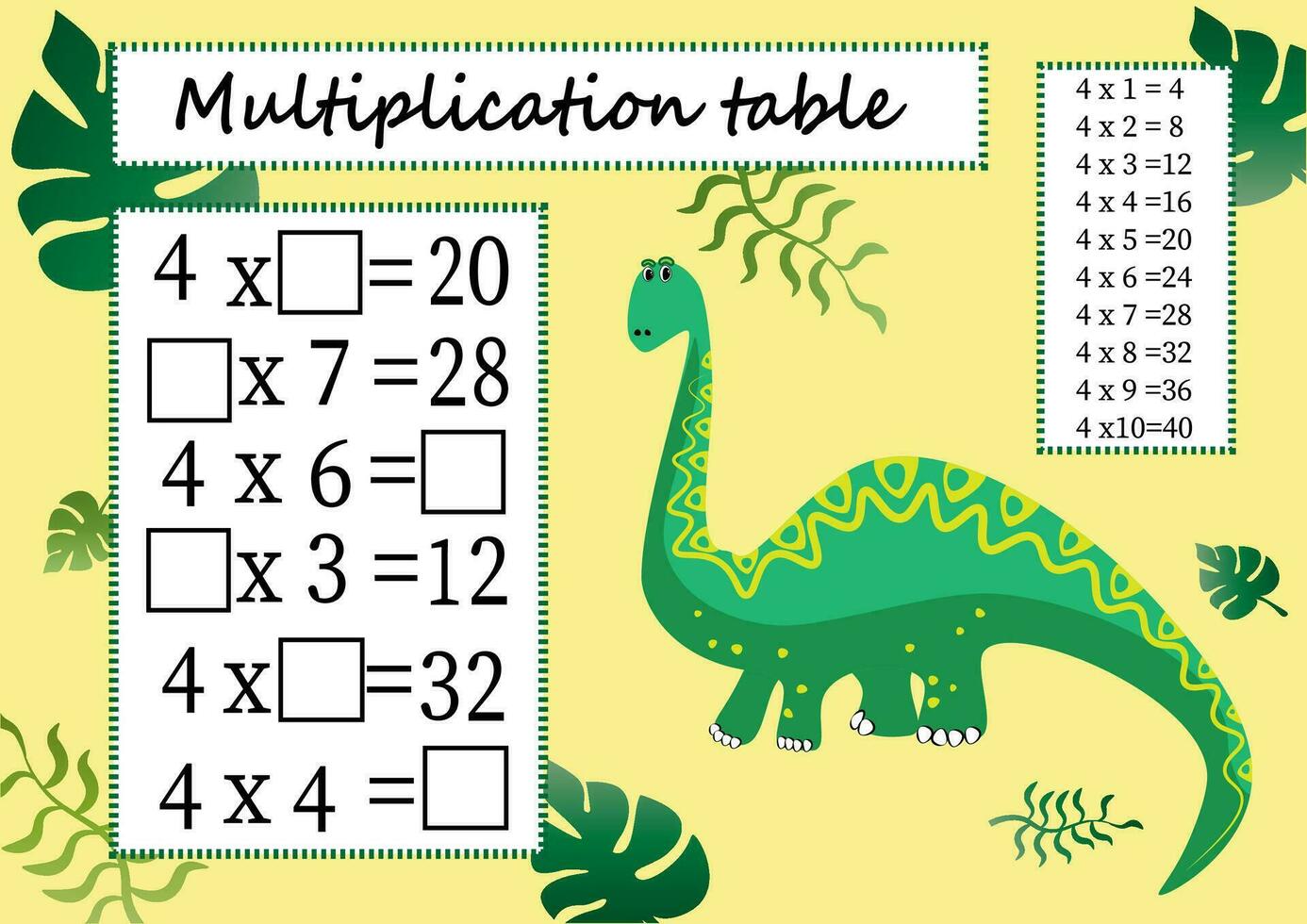 Multiplikation Tabelle durch 4 mit ein Aufgabe zu konsolidieren das Wissen von Multiplikation. bunt Karikatur Multiplikation Tabelle Vektor zum Lehren Mathematik. Dinosaurier eps10
