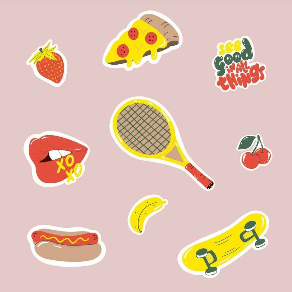 Sammlung von retro Aufkleber. Pizza, heiß Hund, Tennis Schläger, Skateboard, Banane, Erdbeere, rot Lippen. Patch bündeln im Hipster Stil. Hand gezeichnet isoliert Vektor Design