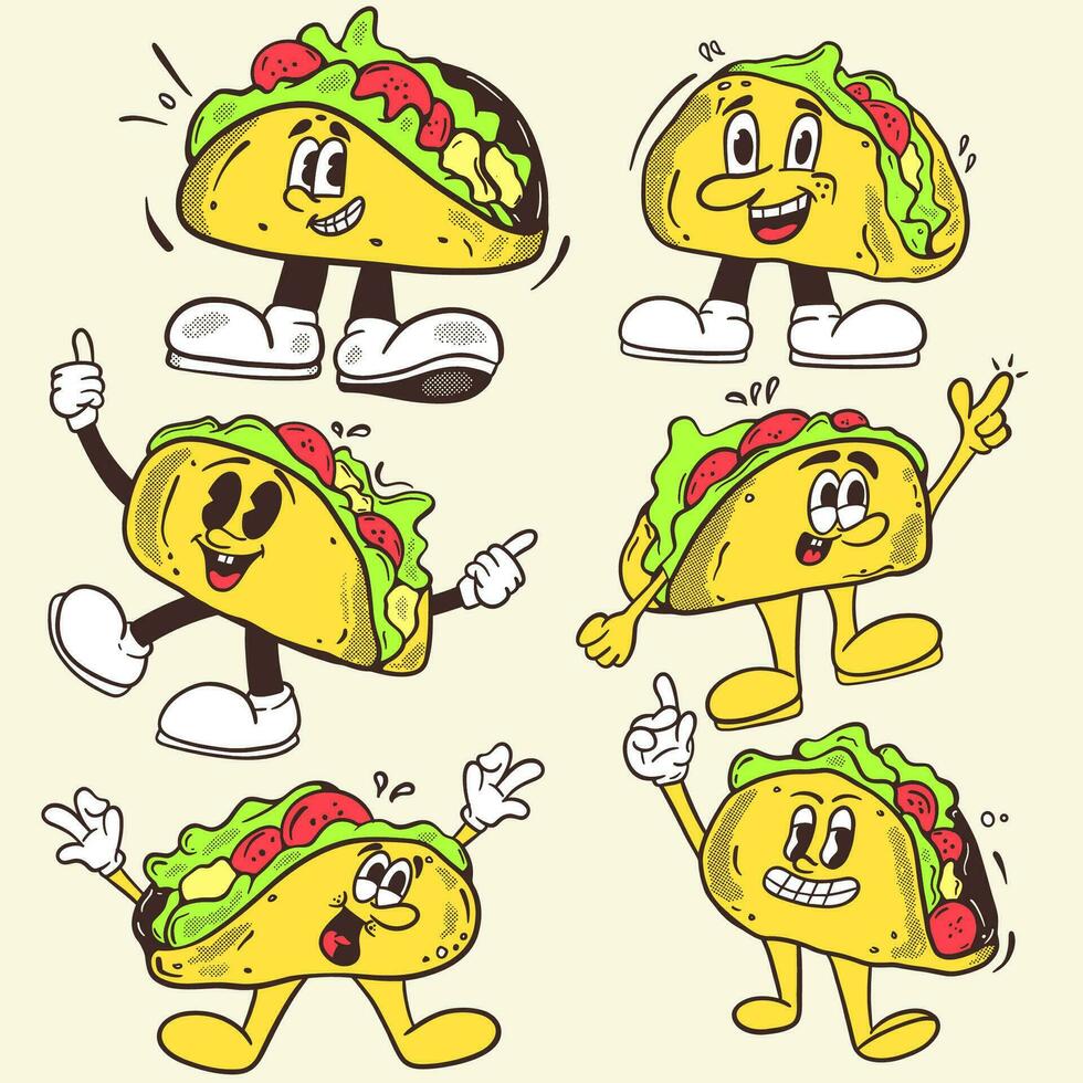 taco tecknad serie maskot retro illustration hand dra samling uppsättning vektor