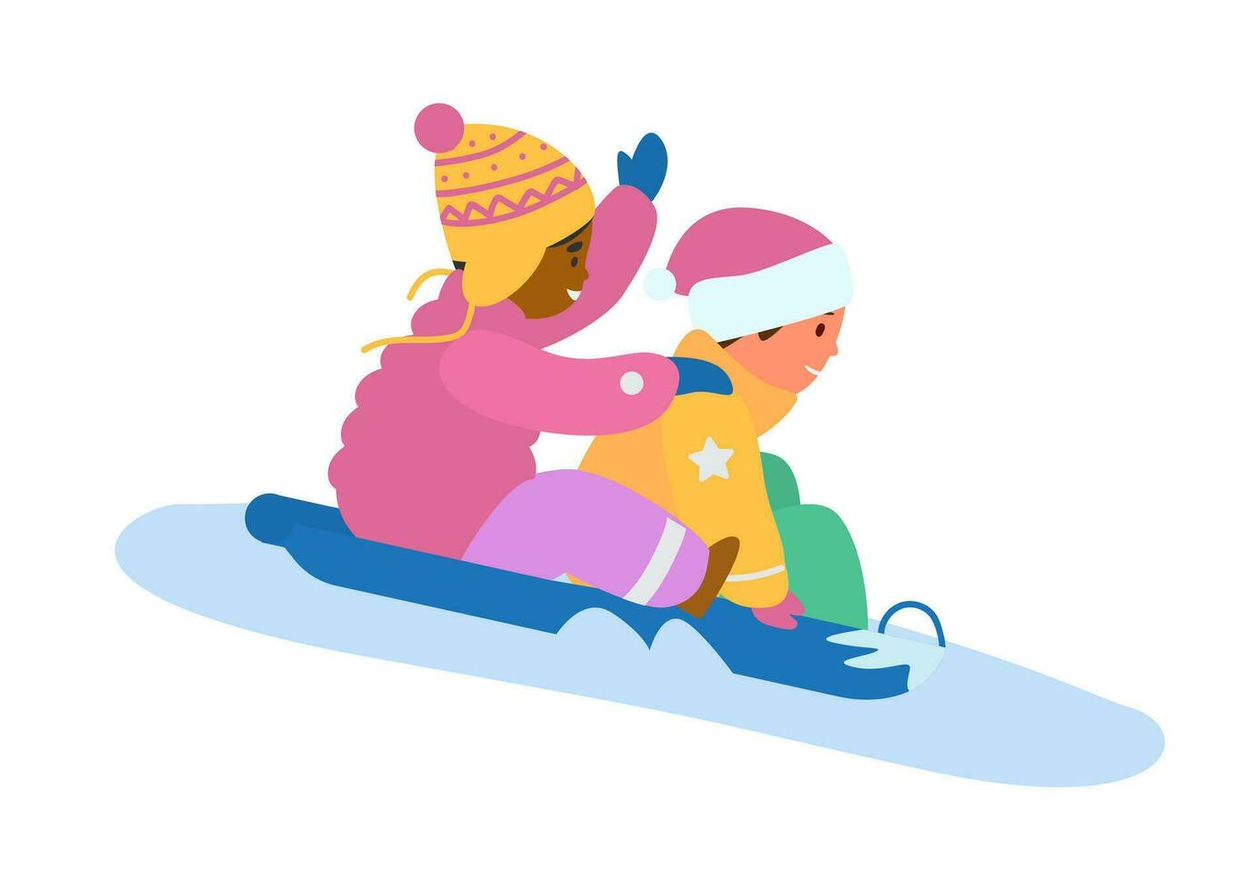 Junge und Mädchen Reiten Schnee gleiten. Winter Aktivitäten. eben Vektor Illustration. isoliert auf Weiß.