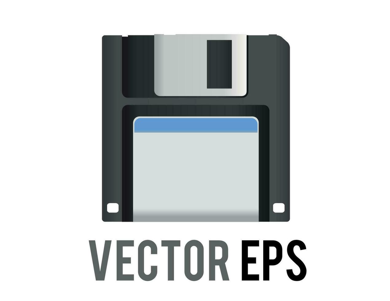 vektor svart 3.5 tum diskett disk, spara ikon med silver- slutare placerad upp och vit märka