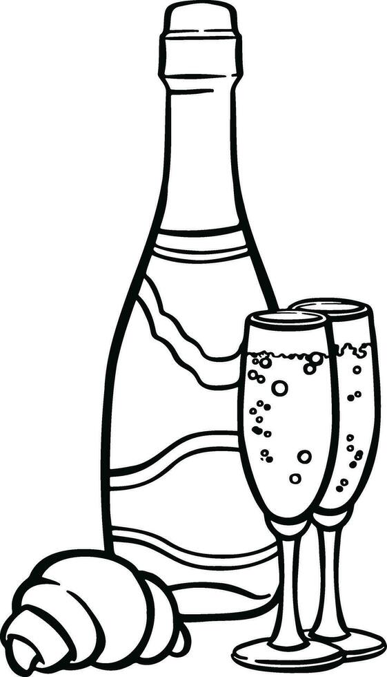 Alkohol mit Champagner Flasche, Brille und Croissant Linie Illustration Vektor