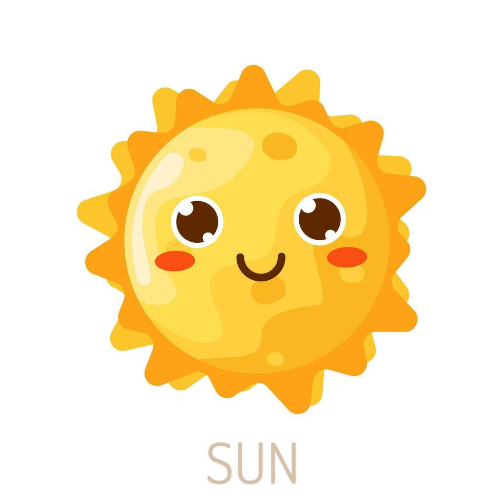 vektor rolig Sol i en platt design. Lycklig leende Sol. barns söt sol- emojis. bebis gul söt Sol med Sol strålar.