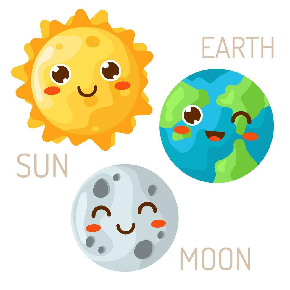 Vektor Illustration von das Mond, Sonne und Planet Erde im das Stil von kawaii zum Kinder. isoliert Design Elemente zum Kinder. Aufkleber, Etiketten, Symbole, Infografiken zum Kinder