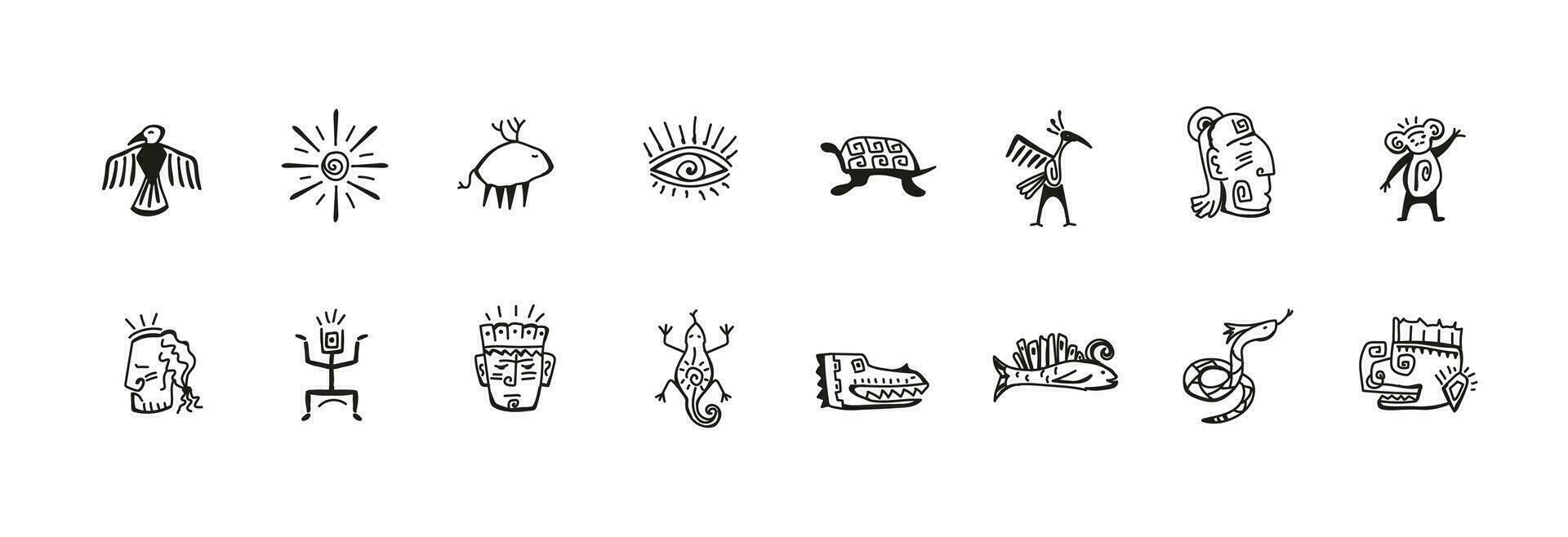 einheimisch amerikanisch aztekisch Symbol Zeichnungen. afrikanisch Stammes- Hand gezeichnet Symbole vektor