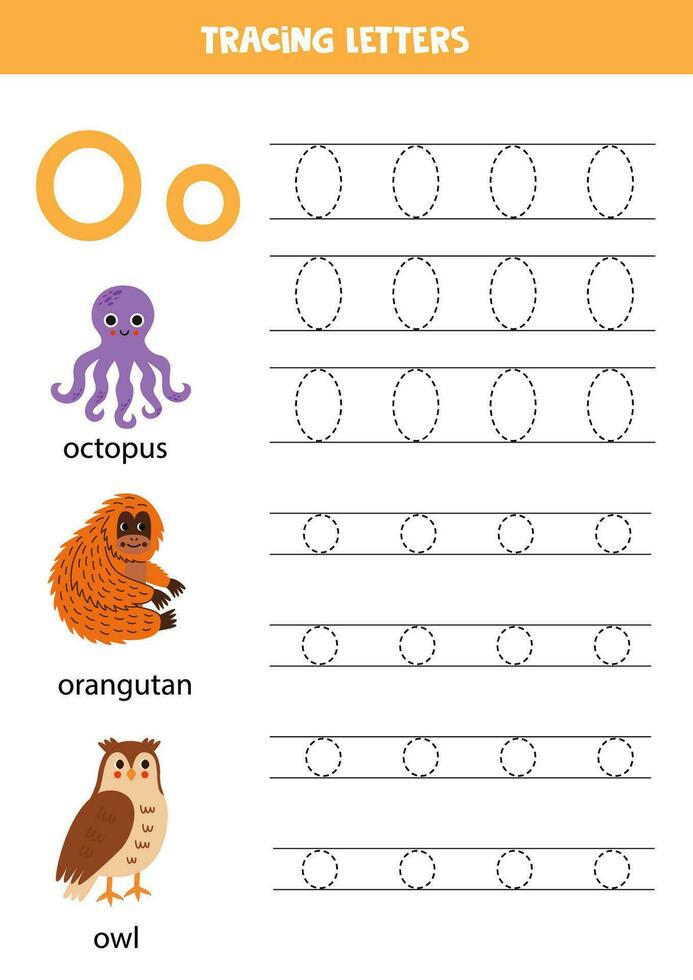 spårande alfabet brev för ungar. djur- alfabet. brev o är för bläckfisk orangutang Uggla. vektor