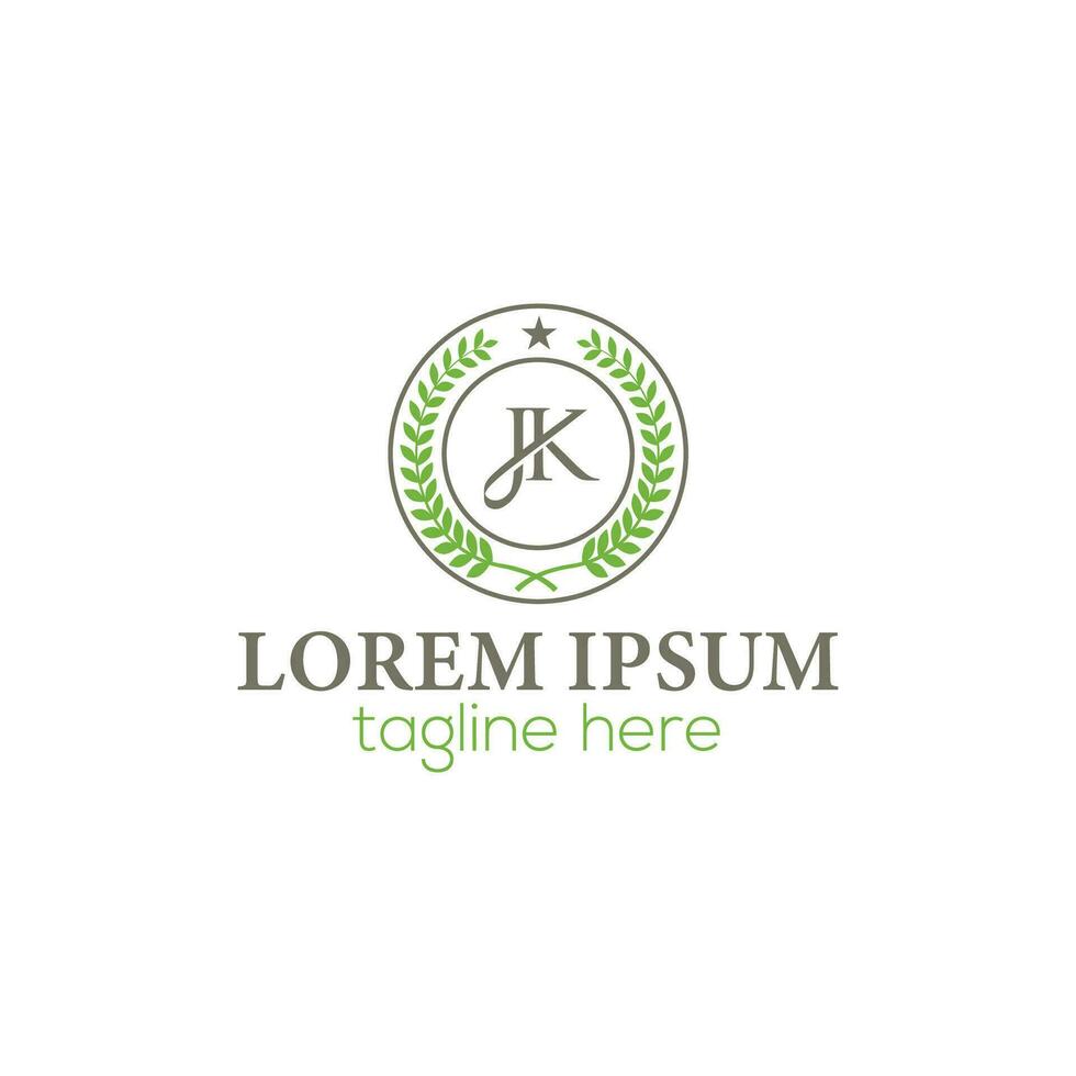 kreisförmig jk, kj Brief Lorbeer Kranz Element Logo zum Gewinner, vergeben, Champion, Leistung. Emblem Blumen- griechisch Ast Logo Vektor