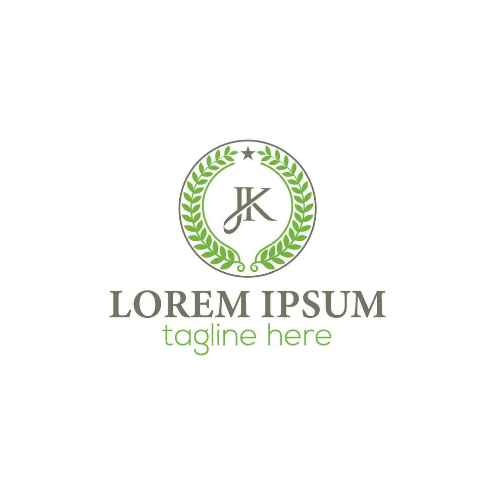 kreisförmig jk, kj Brief Lorbeer Kranz Element Logo zum Gewinner, vergeben, Champion, Leistung. Emblem Blumen- griechisch Ast Logo Vektor