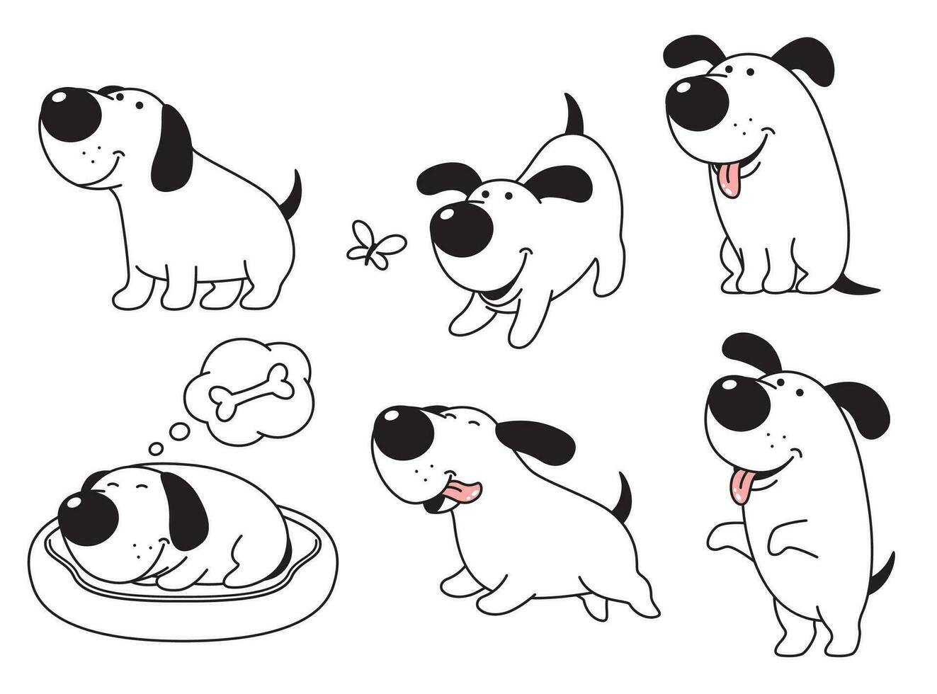 rolig Lycklig hund, tecknad serie, komisk karaktär i olika poserar, vektor teckning