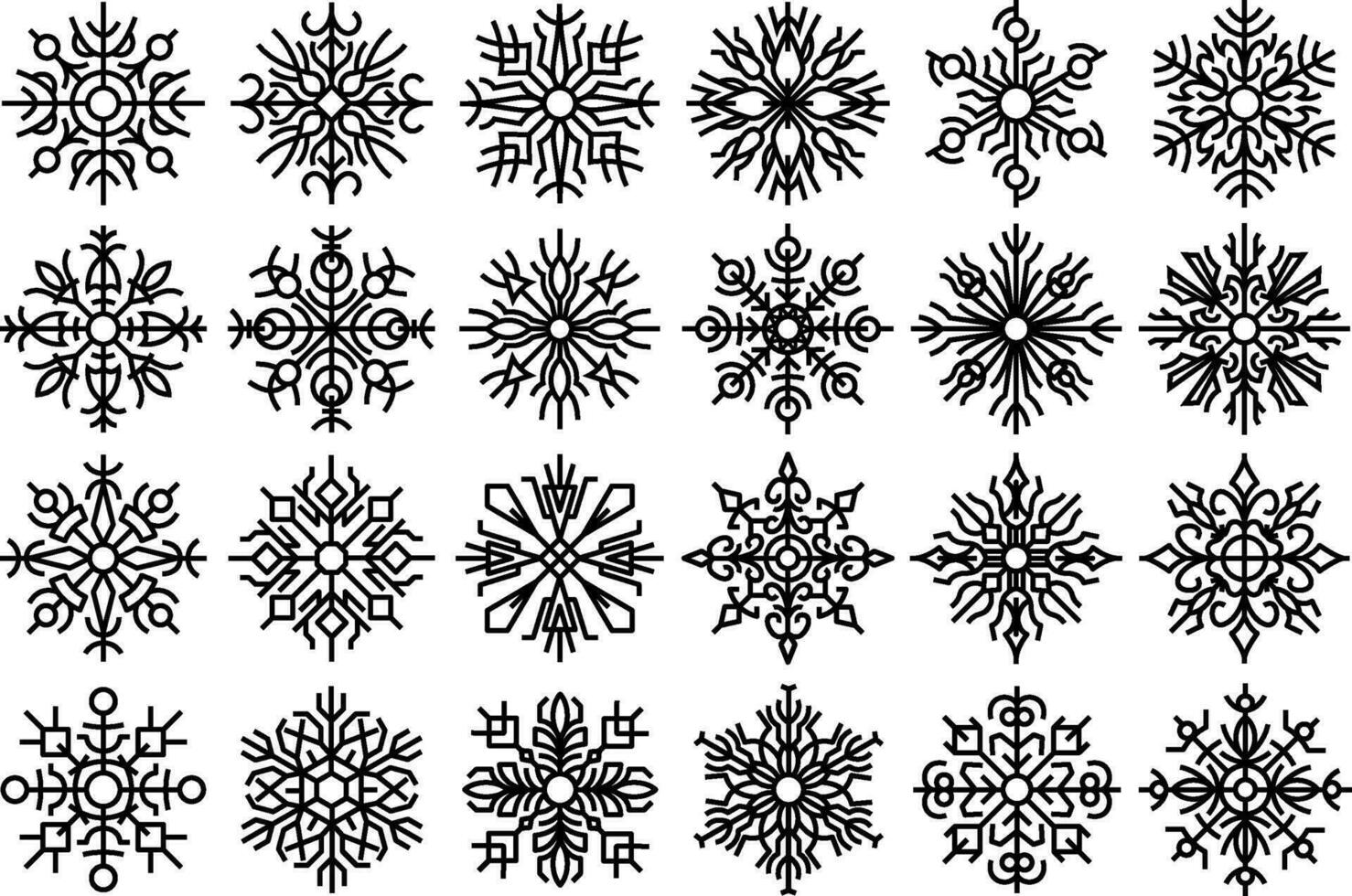 Schneeflocken abstrakt Designs Satz. Sammlung von schön Schnee Flocke Designs zum Winter und Weihnachten Dekorationen. schwarz linear Schnee Symbole, abstrakt stilisiert Illustrationen, isoliert auf Weiß Hintergrund vektor