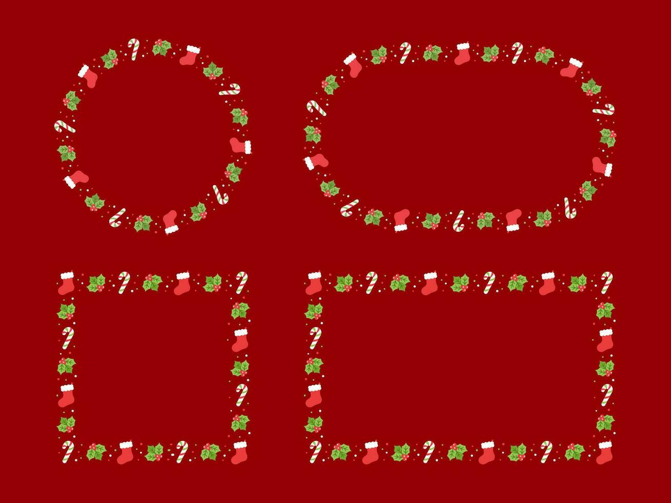 jul ram gräns uppsättning, vinter- Semester grafik. söt mistel, santa strumpa och godis sockerrör mönster, kort och social media posta mall vektor illustration.