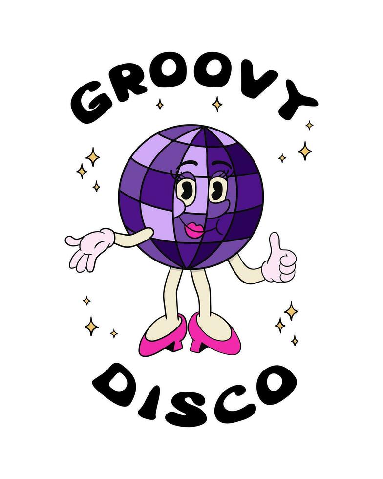 groovig weiblich Disko Ball Charakter mit Hand gezeichnet Beschriftung. Slogan groovig Disko. Jahrgang Komposition mit Hippie Stil Beschriftung und komisch Hand gezeichnet alt Karikatur Charakter. gut zum ausdrucken, Poster vektor