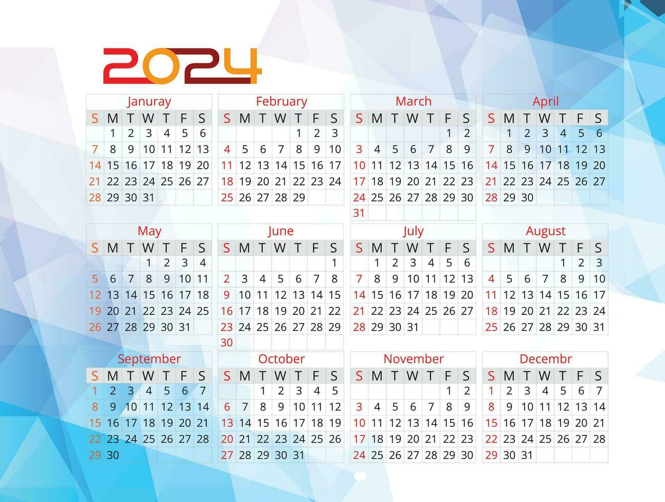 kalender 2024 mall vektor, enkel minimal design, planerare 2024 år, vägg kalender 2024 år, vecka börjar söndag, uppsättning av 12 kalender, annons, utskrift, brevpapper, organisation kontor vektor